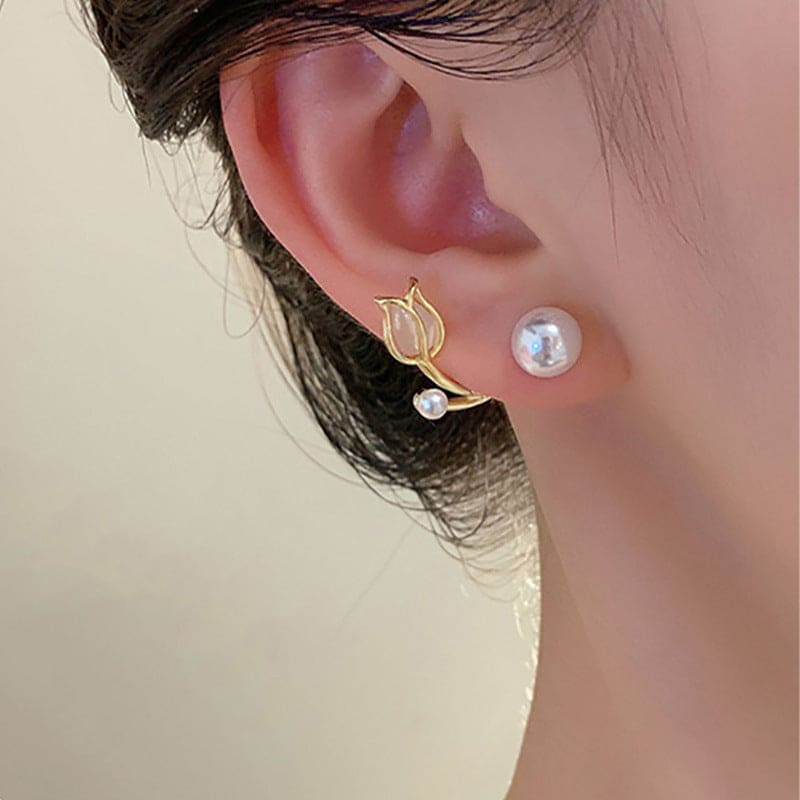 Opal White Tulip Flower Pearl Stud Earrings for Women, Luxury Sweet Flower Back Hanging Earrings, Cute Imitation Pearl Leaf Small Stud Earring, Versatile Ear Hook Pearl Earrings Opal White Tulip Flower Pearl Stud Earrings for Women, Luxury Sweet Flower Back Hanging Earrings, Cute Imitation Pearl Leaf Small Stud Earring, Versatile Ear Hook Pearl Earrings